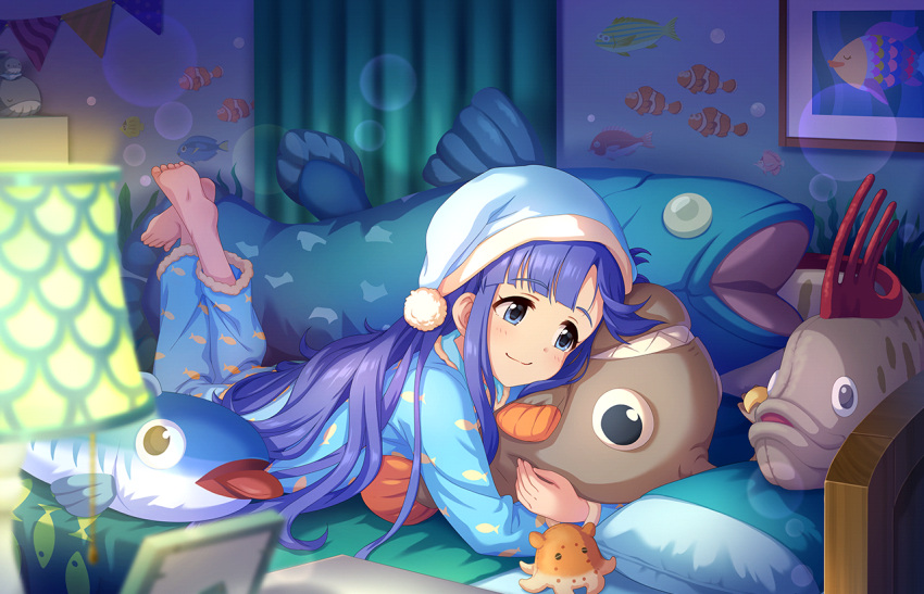 1girl animal_print artist_request asari_nanami bangs bed blue_eyes blue_hair blue_pajamas blue_shirt blush doll_hug fish_pillow fish_print hat holding holding_stuffed_toy hug idolmaster idolmaster_cinderella_girls idolmaster_cinderella_girls_starlight_stage indoors lamp long_hair long_sleeves night nightcap object_hug official_art on_bed pajamas pillow shirt smile solo stuffed_animal stuffed_fish stuffed_toy