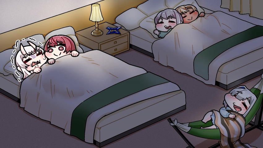 5girls :&gt; amane_kanata bed blanket blonde_hair blue_hair colored_inner_hair curtains drooling frown grey_hair halo hammock highres hololive horns houshou_marine komainu_channel lamp multicolored_hair multiple_girls nakiri_ayame nightstand oni_horns open_mouth pajamas pillow red_eyes redhead shiranui_flare shirogane_noel sleeping smile star_halo table trembling two-tone_hair under_covers virtual_youtuber