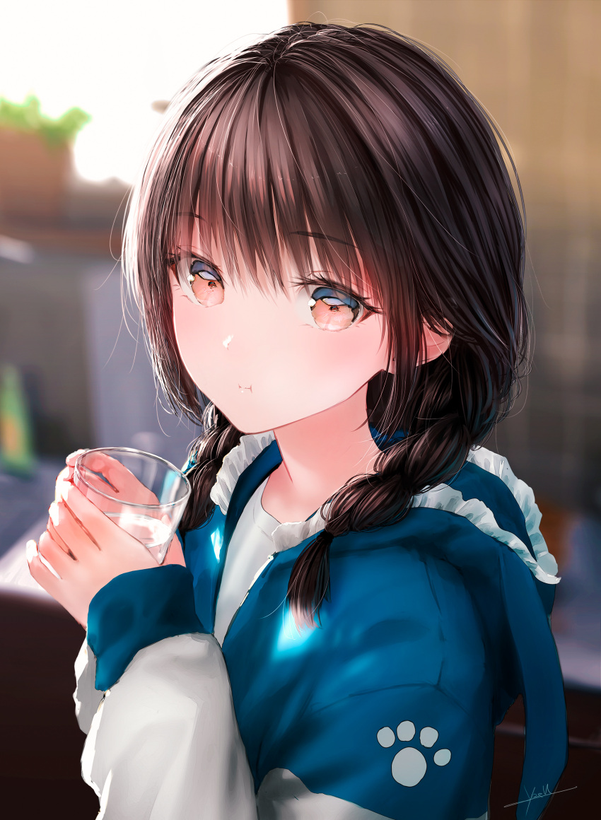 1girl :t absurdres bangs blue_sweater blurry blurry_background braid brown_hair cup glass hair_over_shoulder highres holding holding_cup indoors kitchen long_sleeves looking_at_viewer medium_hair ojay_tkym original red_eyes shiny shiny_hair shirt sidelocks signature sweater twin_braids two-tone_sweater upper_body water white_shirt white_sweater