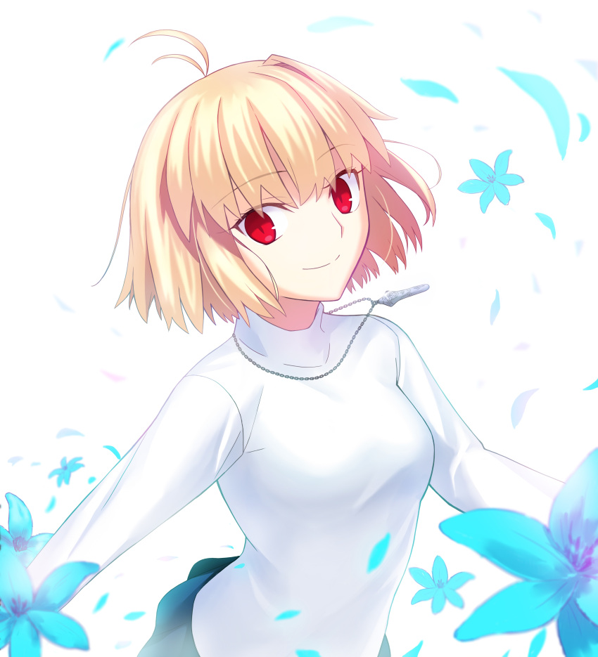 1girl absurdres antenna_hair arcueid_brunestud bangs black_skirt blonde_hair blue_flower breasts closed_mouth commentary_request flower hakurei-yuga highres jewelry long_sleeves looking_at_viewer medium_breasts miniskirt necklace petals red_eyes short_hair simple_background single_hair_intake skirt smile solo sweater tsukihime tsukihime_(remake) turtleneck turtleneck_sweater upper_body white_background white_sweater