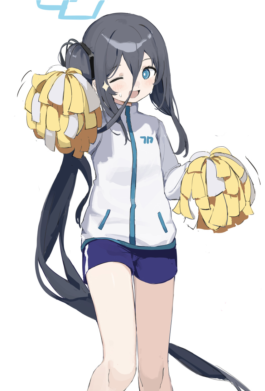 1girl absurdres arisu_(blue_archive) black_hair blue_archive blue_eyes blue_skirt cheerleader halo haruteru highres long_hair looking_at_viewer one_eye_closed one_side_up simple_background skirt smile solo standing sweat sweater very_long_hair white_background white_sweater