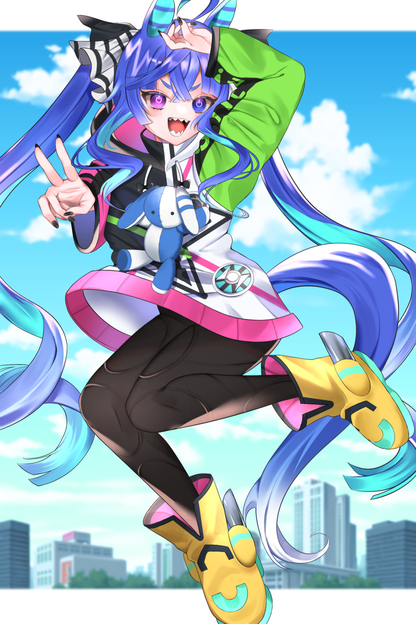 1girl absurdres ahoge animal_ears aqua_hair arm_up azuki_anko bangs black_bodysuit black_nails black_ribbon blue_eyes blue_hair blue_sky blurry blurry_background bodysuit boots cityscape clouds cloudy_sky commentary day depth_of_field drawstring ear_covers floating hair_ribbon hand_on_own_head heterochromia highres horse_ears horse_girl horse_tail leg_up long_hair long_sleeves looking_at_viewer multicolored_coat multicolored_hair nail_polish open_mouth outdoors outside_border power_symbol ribbon sharp_teeth sidelocks sky smile solo stuffed_animal stuffed_bunny stuffed_toy tail teeth twin_turbo_(umamusume) twintails two-tone_hair umamusume v very_long_hair violet_eyes white_ribbon yellow_footwear