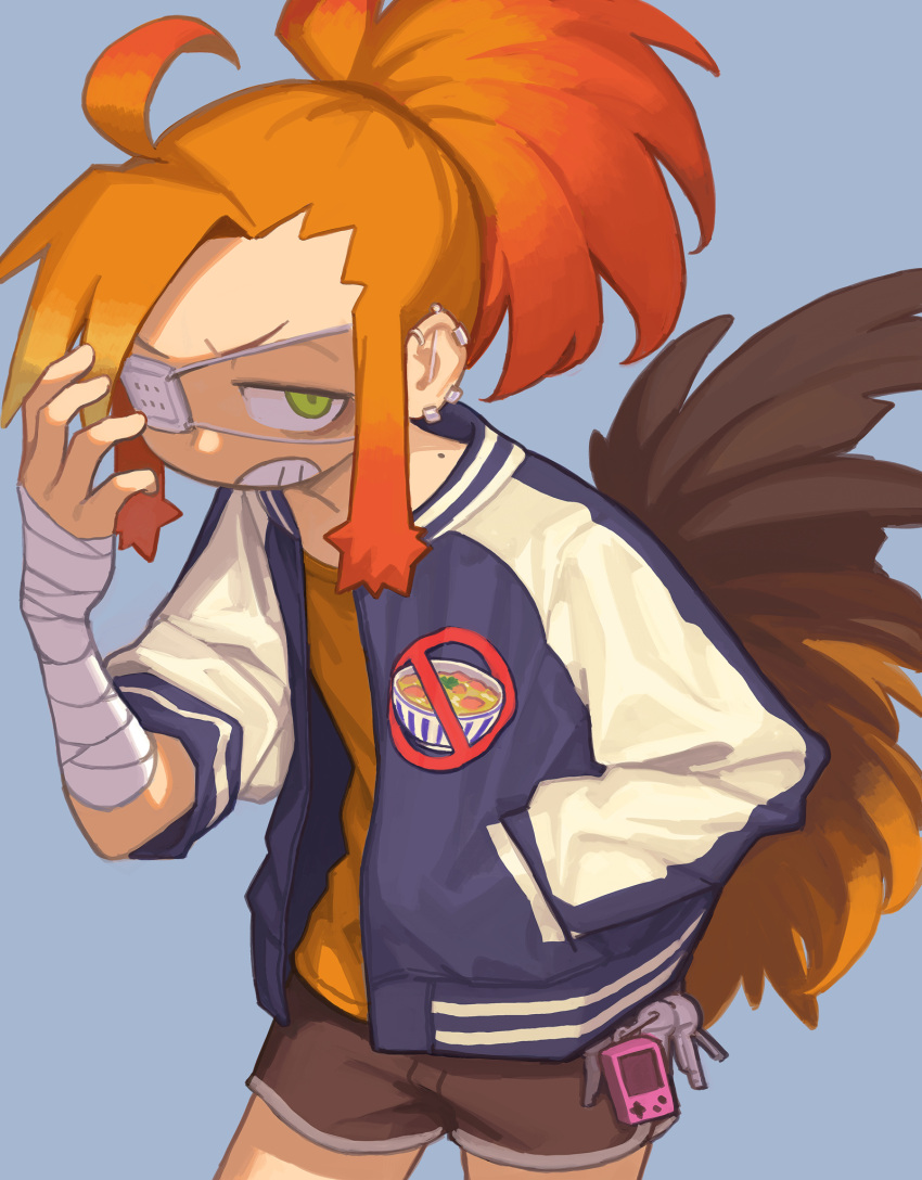 1girl bandaged_arm bandages bird_tail blue_background brown_shorts charm_(object) clenched_teeth ear_piercing eyepatch green_eyes hand_in_pocket highres jacket long_sleeves looking_at_viewer medical_eyepatch mizuno_(okn66) multicolored_hair open_clothes open_jacket orange_hair orange_shirt original piercing ponytail redhead shirt short_shorts shorts sidelocks simple_background solo tail teeth