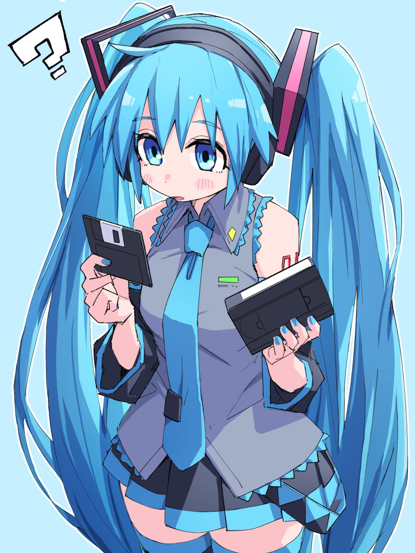 1girl ? bare_shoulders black_skirt black_sleeves black_thighhighs blue_background blue_eyes blue_hair blue_nails blue_necktie commentary confused cowboy_shot detached_sleeves floppy_disk grey_shirt hair_ornament hatsune_miku headphones highres holding light_blush long_hair looking_at_object miniskirt necktie pleated_skirt shirt shoulder_tattoo skirt sleeveless sleeveless_shirt solo tattoo thigh-highs twintails very_long_hair videocassette vocaloid yachima_tana zettai_ryouiki
