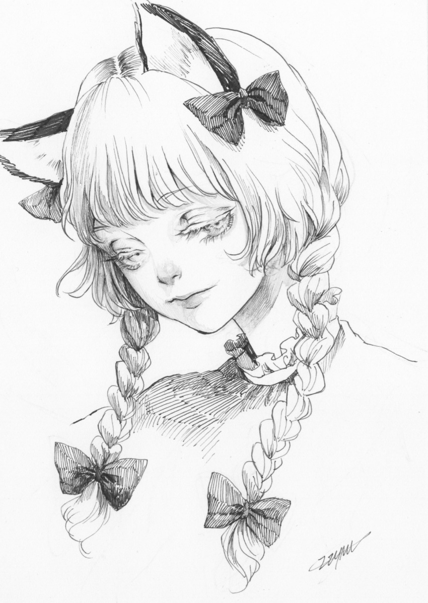 1girl animal_ears bow braid cat_ears closed_eyes cropped_shoulders hair_bow half-closed_eyes highres johnalay kaenbyou_rin light_smile lips looking_to_the_side monochrome nostrils portrait signature solo touhou traditional_media twin_braids