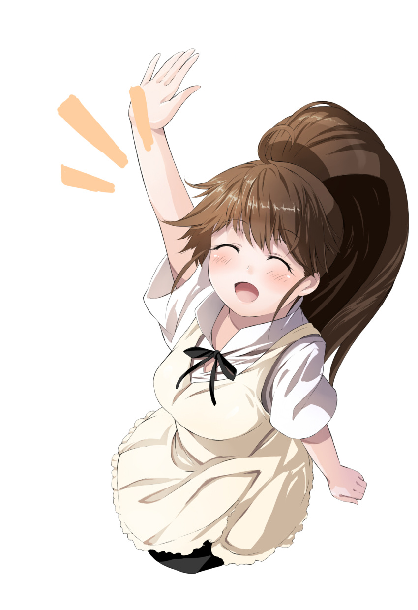 bad_id blush breasts brown_hair closed_eyes decchi_oyabun from_above highres long_hair looking_up open_mouth ponytail skirt smile solo taneshima_popura very_long_hair waitress working!!