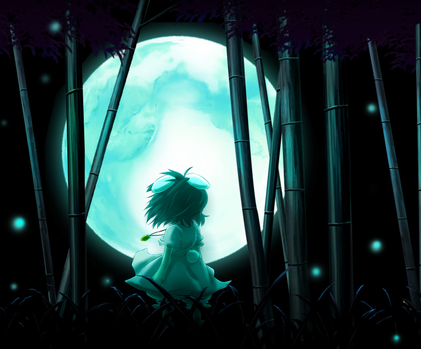 back bamboo bamboo_forest bunny_ears fireflies forest from_behind full_moon glowing highres inaba_tewi moon nature night night_sky noya rabbit_ears short_hair sky standing tail touhou wind