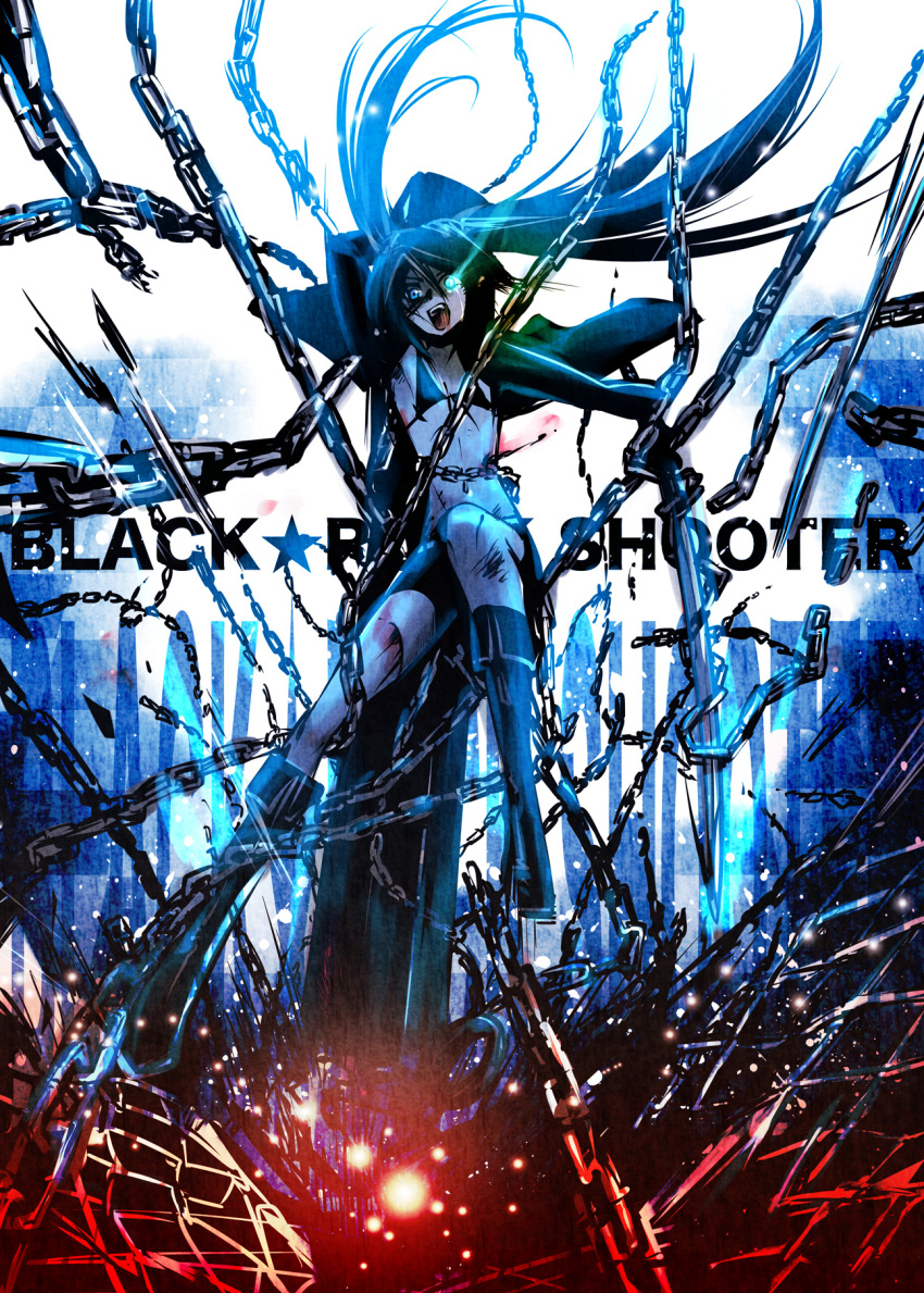 black_hair black_rock_shooter black_rock_shooter_(character) blue_eyes boots caffein chain chains glowing glowing_eyes highres long_hair open_mouth scar screaming solo tears twintails very_long_hair weapon