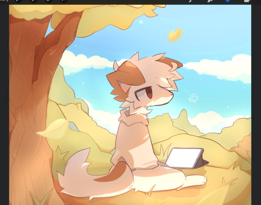 animal_ears blue_sky bored brown_jacket brush clouds cloudy_sky dog dog_ears dog_tail forest furry furry_male goobyart highres jacket leaf nature original sitting sky tablet_pc tail tree
