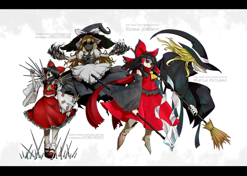 4girls apron ascot bare_shoulders black_dress black_eyes black_footwear black_hair black_robe blonde_hair body_horror bow braid broom broom_riding buttons commentary_request detached_sleeves dress english_text faceless floating frilled_dress frilled_skirt frills hair_bow hair_tubes hakurei_reimu hat hat_bow highres hollow_eyes horror_(theme) japanese_clothes kirisame_marisa koishi_komeiji's_heart-throbbing_adventure long_hair long_sleeves looking_at_viewer miko multiple_girls needle ofuda oso_(toolate) pale_skin puffy_sleeves purple_bow red_bow red_eyes red_skirt ribbon ribbon-trimmed_sleeves ribbon_trim robe sharp_teeth shirt shoes short_sleeves side_braid simple_background single_braid skirt skirt_set smile socks space_kaiju teeth torn_clothes touhou touhou_igyoukyo variant_marisa variant_reimu vest waist_apron weapon white_background white_sleeves white_socks wide_sleeves witch_hat yin_yang
