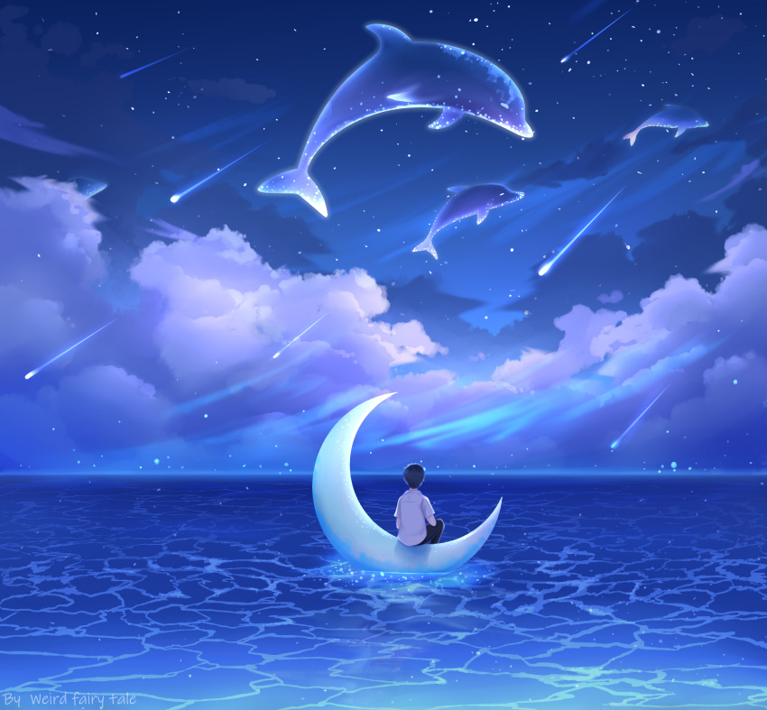 1boy clouds crescent_moon dolphin flying_animal guiyi_tonghua highres moon night night_sky ocean original outdoors scenery shooting_star sky star_(sky) starry_sky surreal water
