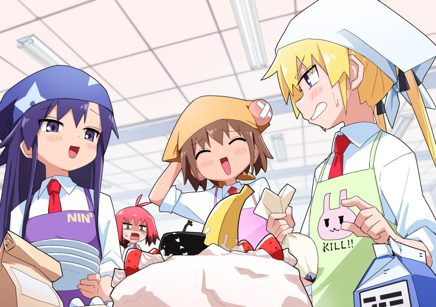4girls apron bag banana black_ribbon blonde_hair blue_eyes blue_hair blush brown_hair cake closed_eyes collared_shirt fangs food fruit goshiki_agiri green_apron green_eyes hair_ribbon highres holding holding_plate indoors kill_me_baby long_hair looking_at_another multicolored_hair multiple_girls necktie open_mouth oribe_yasuna paper_bag parted_lips pink_apron plate purple_apron red_necktie redhead ribbon shirt skin_fangs sonya_(kill_me_baby) strawberry sweatdrop teeth twintails unused_character white_shirt yachima_tana