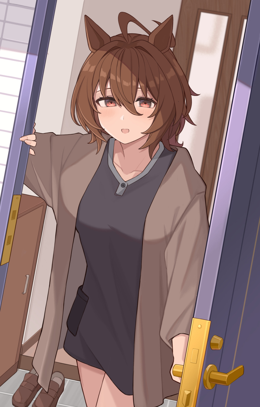 1girl absurdres agnes_tachyon_(umamusume) ahoge alternate_costume animal_ears blush breasts brown_hair door hair_between_eyes hair_strand highres horse_ears horse_girl large_breasts long_shirt long_sleeves looking_at_viewer nagaburo_imoni open_door opening_door red_eyes shirt shoes short_hair solo t-shirt thighs umamusume