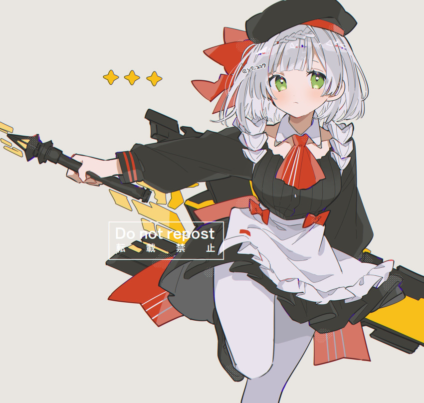 1girl apron ascot back_bow beret black_dress black_headwear bow braid collarbone commentary_request detached_collar dress genshin_impact green_eyes grey_background grey_hair hat hat_bow highres holding holding_sword holding_weapon kfc medium_hair noelle_(genshin_impact) pantyhose red_ascot red_bow simple_background solo sword the_unforged_(genshin_impact) waist_bow weapon white_apron white_pantyhose yayoripain