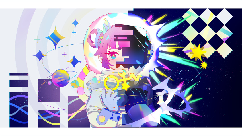 1girl black_gloves blue_ribbon border burou_(muse_dash) chinese_commentary commentary eyelashes gloves hair_ribbon hair_rings highres key looking_at_viewer muse_dash muyuax official_art pink_eyes pink_hair planet ribbon short_hair sky solo space space_helmet spacesuit split_theme star_(sky) starry_sky upper_body white_border white_gloves yellow_pupils