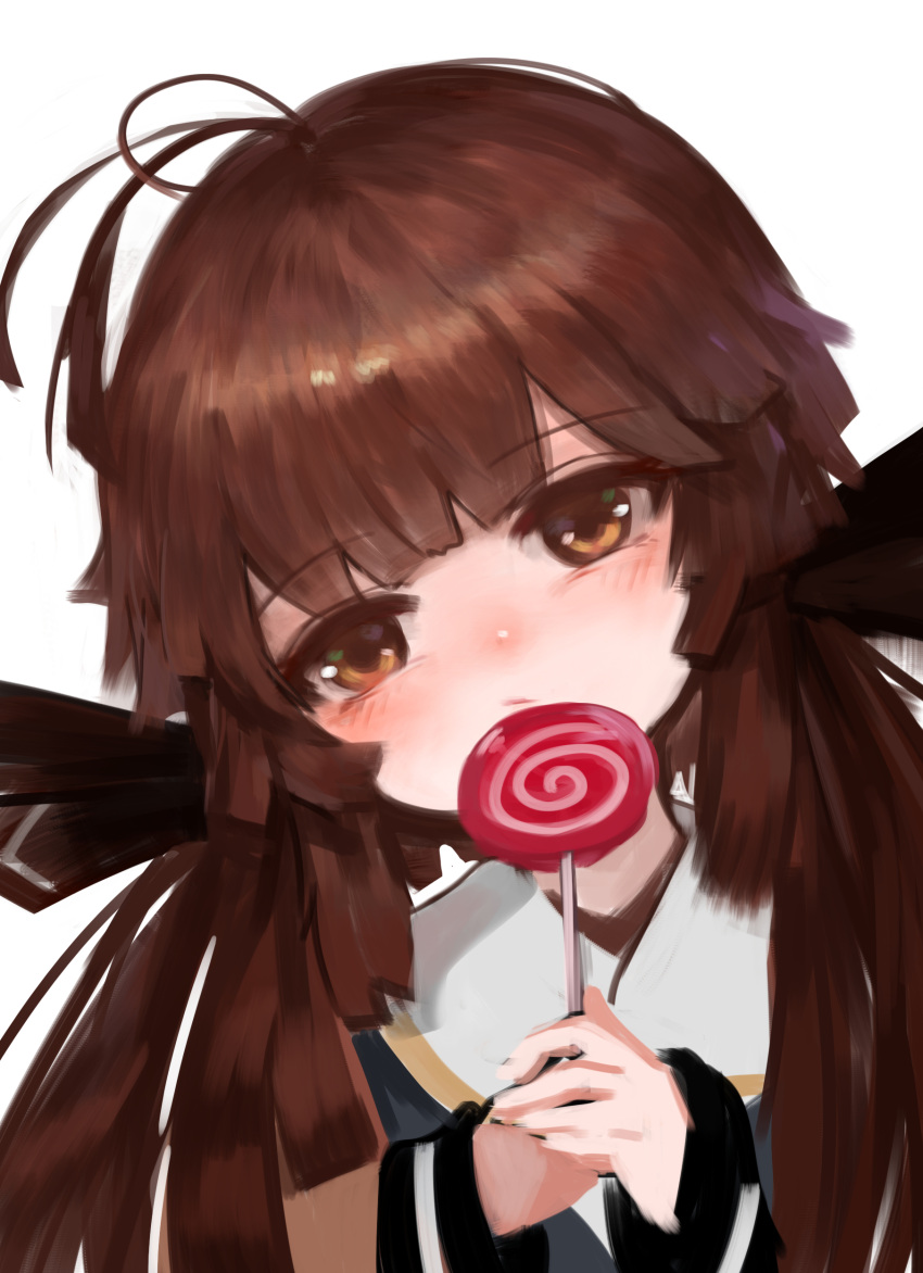 1girl absurdres bangs black_shirt blush brown_eyes brown_hair candy closed_mouth dokomon food girls_frontline hands_up head_tilt highres holding holding_candy holding_food holding_lollipop lollipop long_hair long_sleeves looking_at_viewer low_twintails m14_(girls_frontline) sailor_collar shirt simple_background sleeves_past_wrists solo swirl_lollipop twintails upper_body white_background white_sailor_collar