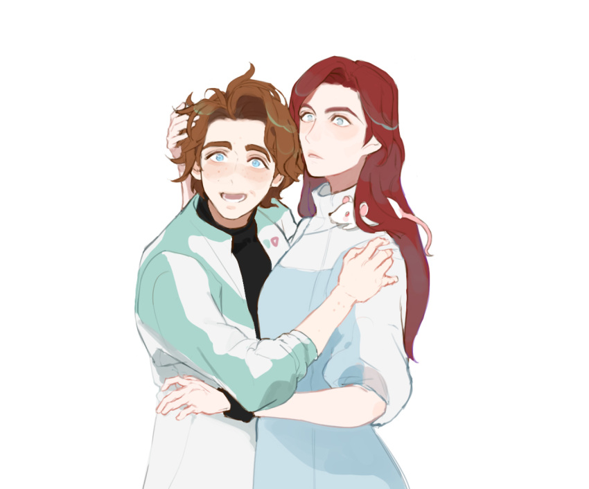 2girls animal_on_shoulder apex_legends ashleigh_reid black_sweater blue_eyes blue_jacket blush brown_hair byeo_(oeybp) hand_in_another's_hair horizon_(apex_legends) hug jacket korean_commentary leaning_forward long_hair looking_at_viewer mouse multiple_girls open_mouth parted_hair short_hair surprised sweater white_jacket