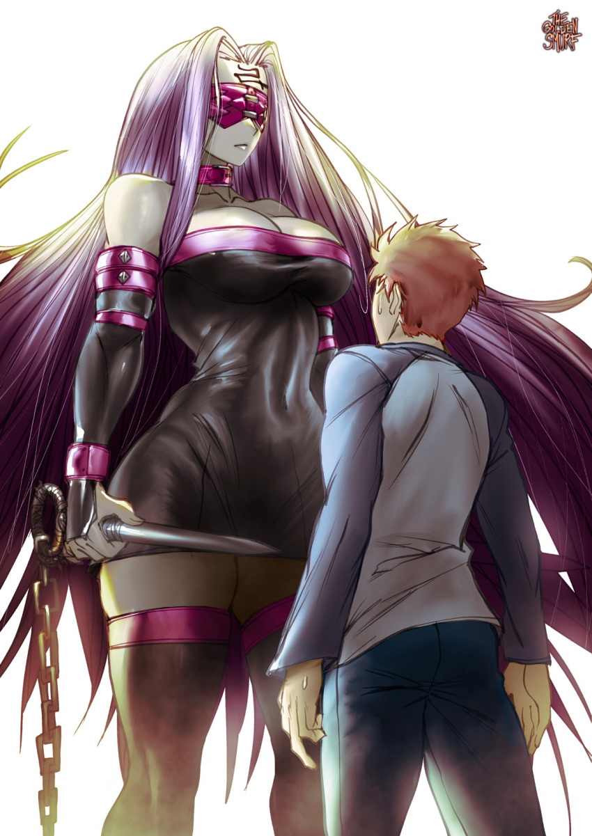 1boy 1girl black_dress blindfold boots breasts brown_hair collar denim detached_sleeves dress emiya_shirou facial_mark fate/stay_night fate_(series) forehead_mark height_difference highres jeans large_breasts long_hair long_sleeves medusa_(fate) medusa_(rider)_(fate) muscular muscular_female nameless_dagger_(fate) pants purple_collar purple_hair short_dress short_hair simple_background strapless strapless_dress the_golden_smurf thigh-highs thigh_boots thighs very_long_hair zettai_ryouiki