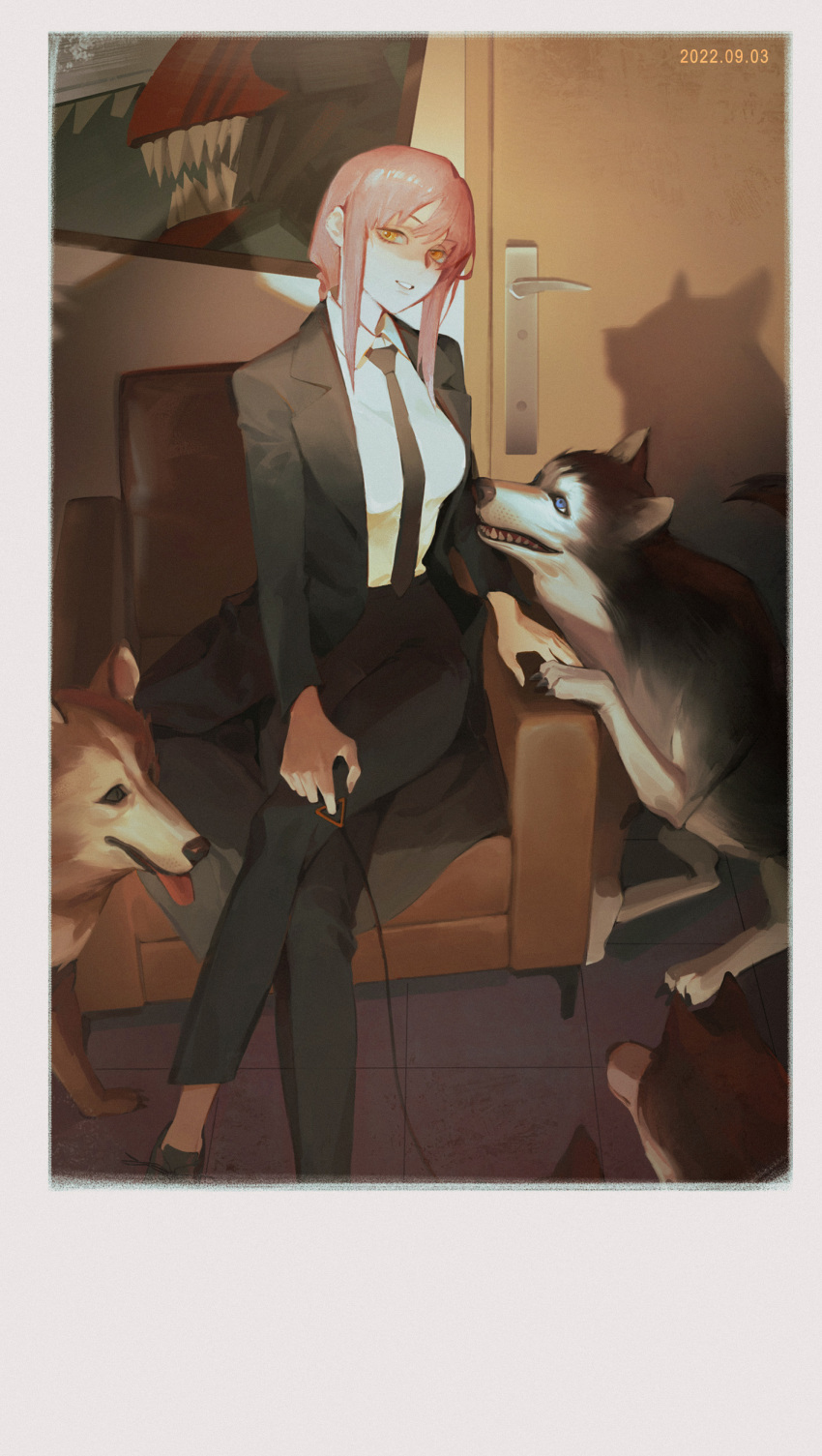 1girl absurdres animal bangs black_necktie black_pants braid braided_ponytail business_suit chainsaw_man collared_shirt crossed_legs denji_(chainsaw_man) dog door formal high-waist_pants highres holding holding_leash husky indoors leash long_coat looking_at_viewer makima_(chainsaw_man) medium_hair necktie office_lady pants redhead ringed_eyes shirt shirt_tucked_in sidelocks sitting suit syusuke0229 yellow_eyes