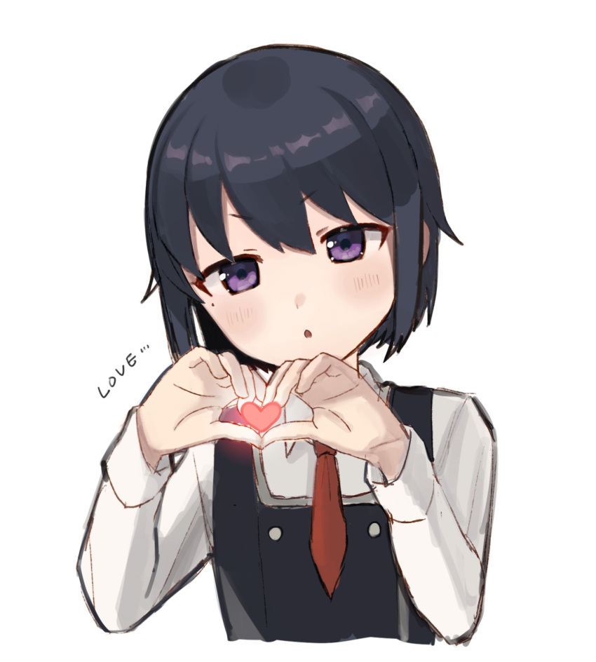 1girl :o bangs black_hair black_vest buttons collared_shirt cropped_torso english_text hai_bokusha heart heart_hands highres long_sleeves looking_at_viewer mole mole_under_eye necktie parted_lips red_necktie school_girl_strikers shirt short_hair simple_background solo sumihara_satoka upper_body vest violet_eyes white_background white_shirt