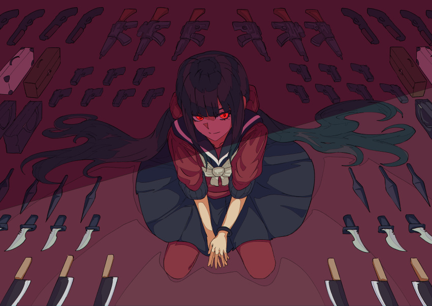 1girl bangs black_sailor_collar black_skirt bow bowtie bracelet danganronpa_(series) danganronpa_v3:_killing_harmony gun handgun harukawa_maki highres jewelry knife kunai long_hair long_sleeves low_twintails machine_gun mole mole_under_eye pleated_skirt red_scrunchie red_shirt red_thighhighs sailor_collar scrunchie sec_ddman seiza shirt shotgun sitting skirt smile solo thigh-highs twintails weapon