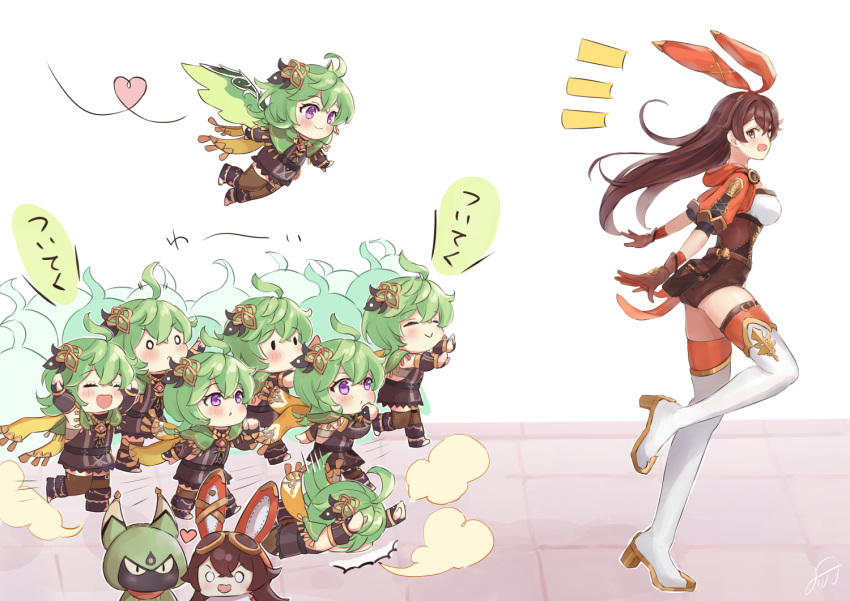 6+girls ^_^ ^o^ ahoge amber_(genshin_impact) baron_bunny_(genshin_impact) boots bow_hairband breasts brown_hair chibi clone closed_eyes collei_(genshin_impact) cuilein-anbar_(genshin_impact) flying full_body genshin_impact green_hair hairband heart long_hair looking_at_another looking_back medium_breasts medium_hair mirin_pengin mirin_soy_sauce multiple_girls open_mouth running short_sleeves shorts signature simple_background standing standing_on_one_leg thigh_boots translation_request v-shaped_eyebrows white_background wings
