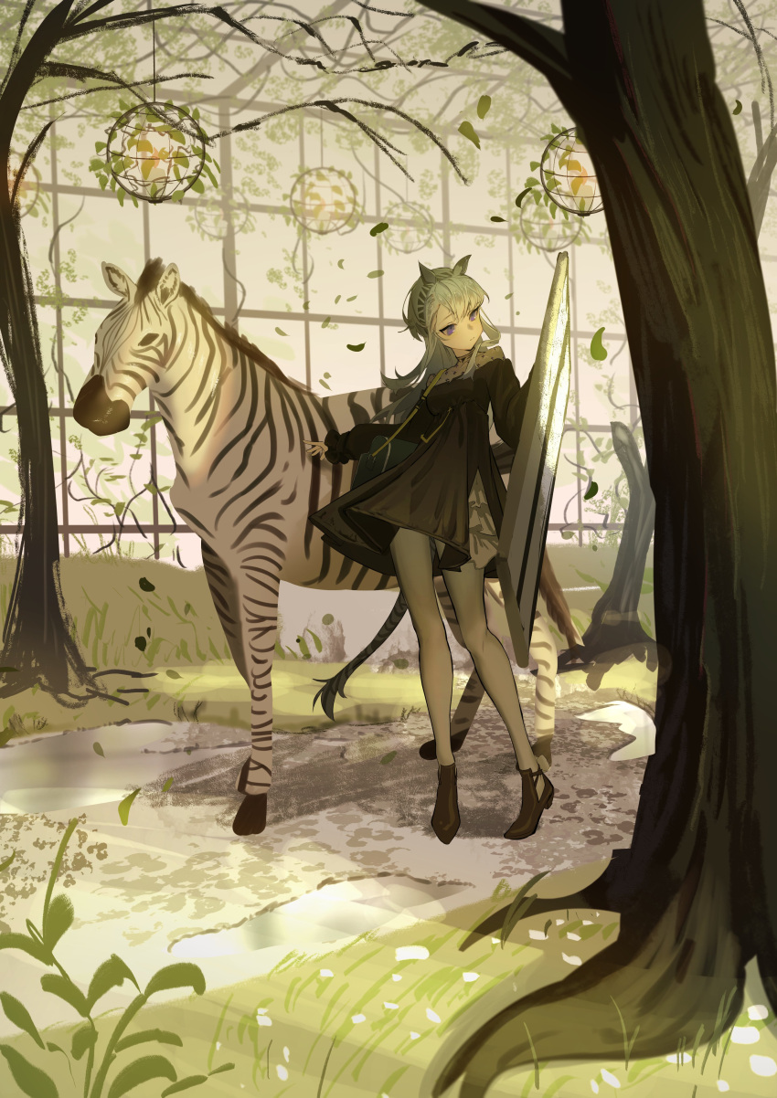 1girl absurdres animal animal_ears ankle_boots arknights bare_tree black_dress black_footwear boots closed_mouth dress greenhouse grey_hair grey_pantyhose heavyrain_(arknights) heavyrain_(tranquil_moss)_(arknights) highres holding holding_shield horse_ears horse_girl horse_tail indoors long_hair long_sleeves natsuba002 official_alternate_costume pantyhose shield solo tail tree violet_eyes zebra