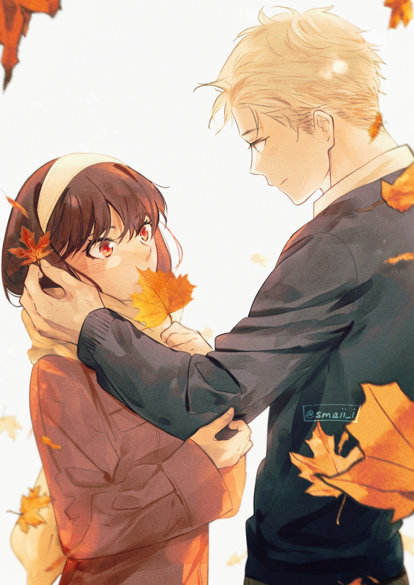 1boy 1girl absurdres autumn autumn_leaves bangs black_hair blonde_hair hand_up highres leaf long_hair looking_at_another maiii_(smaii_i) red_eyes short_hair shy spy_x_family sweater twilight_(spy_x_family) twitter_username upper_body white_background yor_briar
