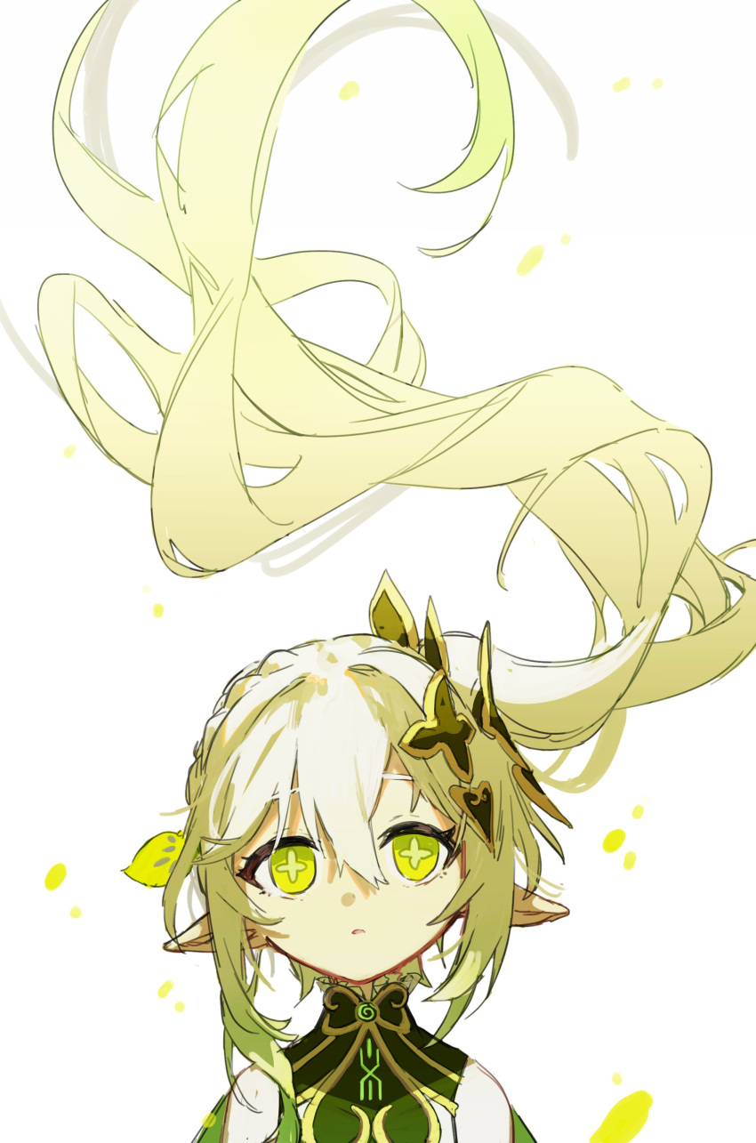 1girl absurdly_long_hair absurdres bangs bare_shoulders braid closed_mouth commentary dress floating_hair flower-shaped_pupils genshin_impact gold_trim green_dress green_eyes green_theme hair_ornament highres kurattes leaf_hair_ornament long_hair nahida_(genshin_impact) pointy_ears portrait side_ponytail sidelocks solo symbol-shaped_pupils very_long_hair white_background white_hair