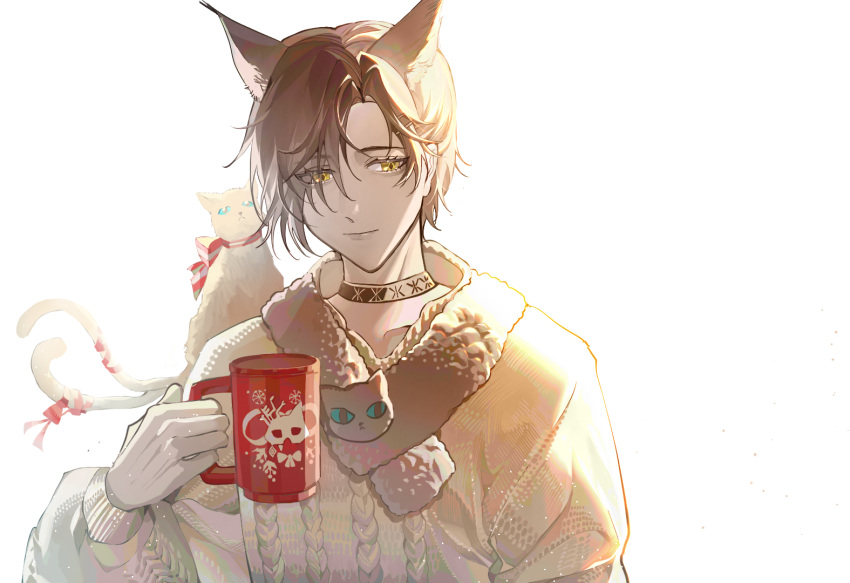 1boy animal_ears arknights bishounen black_cat brown_eyes brown_hair cat cat_boy cat_ears choker christine_(arknights) christmas cup infection_monitor_(arknights) inverseku male_focus mug phantom_(arknights) red_ribbon ribbon short_hair solo sweater upper_body