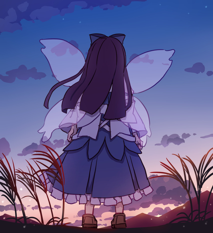 1girl absurdres blue_bow blue_dress bow brown_footwear brown_hair dress fairy fairy_wings frilled_dress frills from_behind full_body hair_bow highres kame_(kamepan44231) long_hair long_sleeves one-hour_drawing_challenge shoes solo standing star_sapphire touhou wings