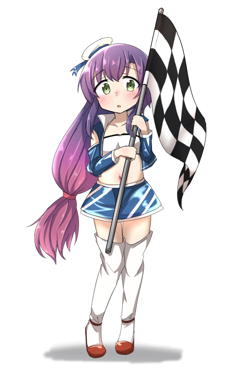 1girl blue_jacket blue_skirt boots cropped_jacket flag full_body gradient_hair green_eyes hat highres holding holding_flag jacket kantai_collection long_hair low-tied_long_hair matsuwa_(kancolle) midriff mini_hat miniskirt multicolored_hair navel open_clothes open_jacket pink_hair purple_hair racequeen rakuto89 sailor_hat skirt solo standing thigh_boots white_bandeau white_footwear white_headwear