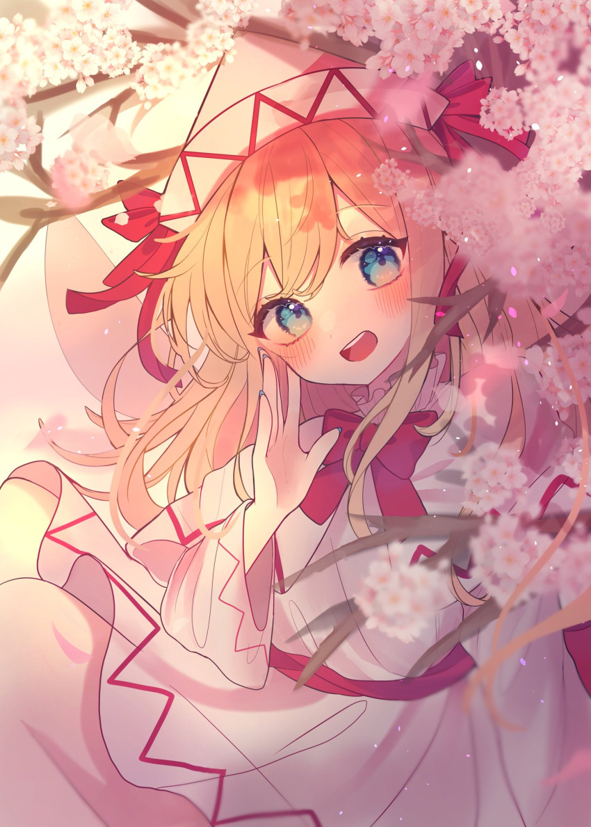 1girl blonde_hair blue_eyes blue_nails blush bow bowtie cherry_blossoms chikuwa_(tikuwaumai_) commentary_request dress fairy_wings hand_up happy hat hat_ribbon highres lily_white long_hair looking_at_viewer red_bow red_bowtie red_ribbon ribbon solo spring_(season) teeth touhou upper_body upper_teeth white_dress white_headwear wide_sleeves wings