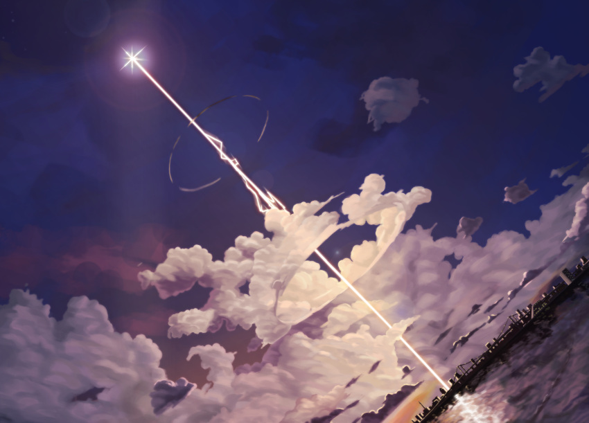 academy_city blue_sky bridge building city cityscape clouds cloudy_sky colorized commentary energy firing gazing_eye glowing haimura_kiyotaka highres no_humans novel_illustration official_art outdoors science_fiction sky sonic_boom spoilers suspension_bridge third-party_edit toaru_majutsu_no_index toaru_majutsu_no_index:_new_testament water