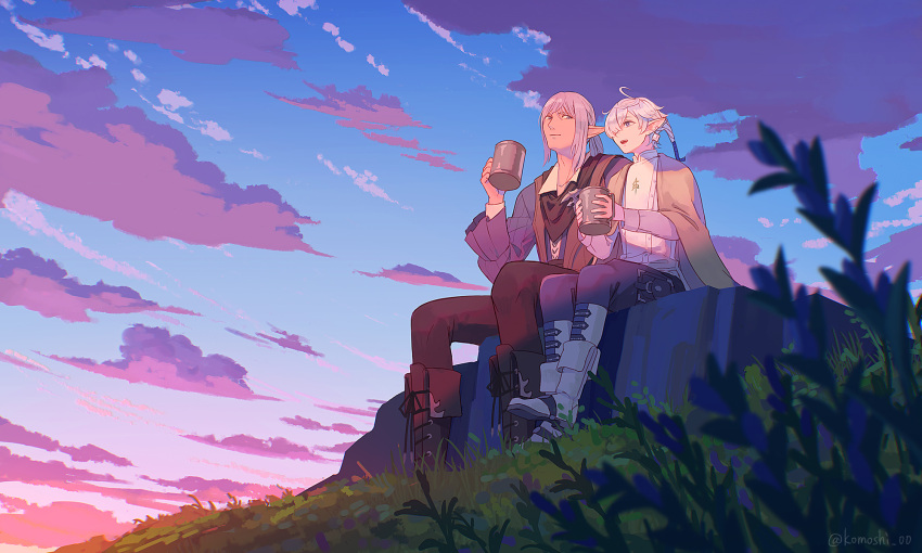2boys ahoge alphinaud_leveilleur black_footwear black_pants blue_eyes blue_jacket blue_pants blue_sky blurry boots clouds collared_shirt commentary cup depth_of_field earrings elezen elf estinien_varlineau final_fantasy final_fantasy_xiv from_side grass grey_hair hair_over_one_eye hair_ribbon highres holding holding_cup jacket jewelry knee_boots komoshita long_sleeves looking_afar looking_at_another male_focus medium_hair morning mug multiple_boys one_eye_covered open_mouth outdoors pants plant pointy_ears ponytail ribbon scenery shirt signature sitting sky smile twitter_username white_footwear white_hair white_shirt wide_shot