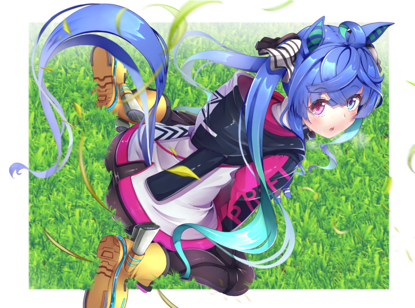 1girl :o ahoge animal_ears aqua_hair bangs black_bodysuit black_ribbon blue_eyes blue_hair blurry blurry_foreground bodysuit boots clothes_writing commentary_request depth_of_field from_above gradient_hair grass hair_ribbon heterochromia highres hood hood_down hooded_coat horse_ears horse_girl horse_tail long_hair long_sleeves looking_at_viewer looking_back multicolored_coat multicolored_hair on_ground outside_border parted_lips ribbon sidelocks sitting solo sweat tail twin_turbo_(umamusume) twintails umamusume very_long_hair violet_eyes warabe_(waraghi) wariza white_ribbon wind yellow_footwear