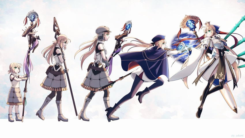 1girl age_progression aged_down ahoge armor armored_dress artoria_caster_(fate) artoria_caster_(first_ascension)_(fate) artoria_caster_(second_ascension)_(fate) artoria_caster_(third_ascension)_(fate) artoria_pendragon_(fate) bare_shoulders belt black_pantyhose black_ribbon blonde_hair blue_bow blue_cape blue_headwear boots bow breastplate brown_belt buttons cape commentary crown dress fate/grand_order fate_(series) floating_hair gloves green_eyes grey_gloves grey_headwear grey_skirt hair_bow hair_ribbon hat high_heels highres holding holding_staff holding_weapon long_hair long_sleeves mini_crown pantyhose red_ribbon ribbon running shirt short_hair sidelocks skirt sleeveless sleeveless_shirt staff twintails very_long_hair weapon white_dress white_footwear white_shirt wide_sleeves y_udumi