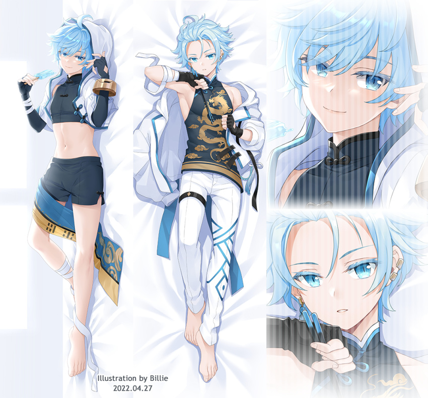 1boy alternate_costume alternate_hairstyle androgynous billie_(meng_gong_fang) blue_eyes blue_hair chongyun_(genshin_impact) dakimakura_(medium) dragon_print feet fingerless_gloves fingernails genshin_impact gloves hair_between_eyes hood hoodie legs male_focus midriff pants sleeveless stomach toenails toes