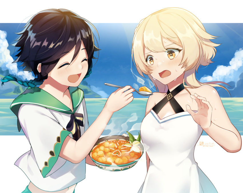 1boy 1girl bare_shoulders black_hair blonde_hair blue_hair braid breasts closed_eyes dress feeding food genshin_impact gradient_hair green_pants hair_between_eyes lumine_(genshin_impact) medium_breasts medium_hair midriff multicolored_hair navel neckerchief open_mouth pants shared_food shirt short_sleeves stomach twin_braids venti_(genshin_impact) white_dress white_shirt yellow_eyes yomogi_tanuki