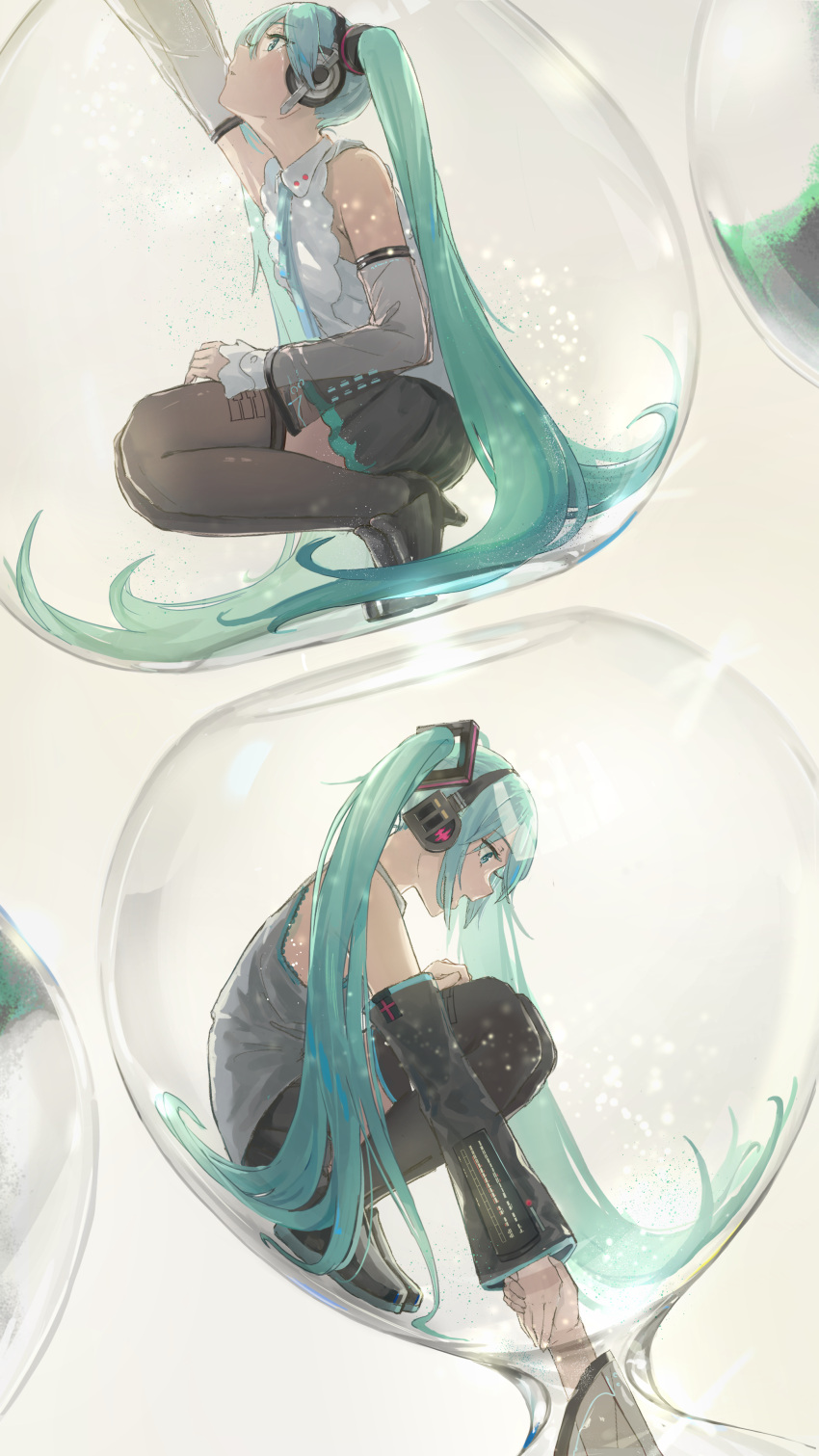 2girls absurdres aqua_eyes aqua_hair aqua_ribbon bare_shoulders black_footwear black_skirt black_sleeves black_thighhighs boots detached_sleeves dual_persona grey_shirt hair_ornament hatsune_miku hatsune_miku_(nt) headphones headset high_heels highres holding_hands hourglass in_container layered_sleeves long_hair looking_at_another looking_down looking_up miniskirt multiple_girls neck_ribbon open_mouth piapro pleated_skirt pulling ribbon see-through see-through_sleeves shirt skirt sleeveless sleeveless_shirt smile squatting tadanotarosuke tears thigh-highs thigh_boots twintails very_long_hair vocaloid white_shirt white_sleeves