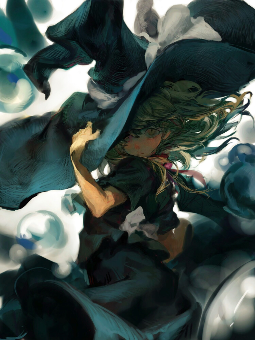 1girl back_bow bangs black_headwear black_shirt black_skirt blonde_hair bow braid closed_mouth commentary cowboy_shot from_side hand_on_headwear hat hat_bow highres kirisame_marisa long_hair looking_at_viewer oversized_hat shirt short_sleeves single_braid skirt solo touhou white_bow witch_hat yellow_eyes yimillily
