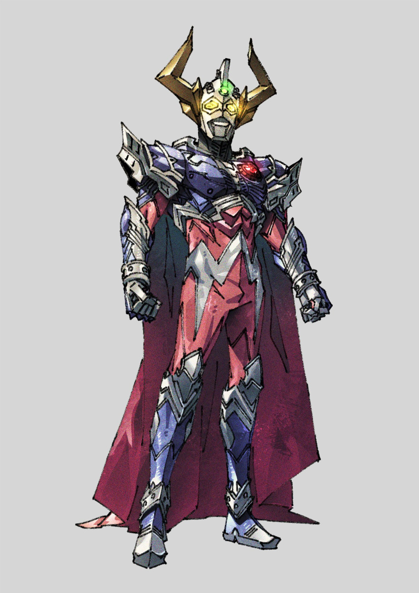 1boy alternate_costume armor armored_boots blue_armor boots cape clenched_hands gauntlets glowing glowing_eyes highres male_focus official_alternate_costume paintedmike red_cape science_fiction shoulder_armor tokusatsu ultra_series ultraman_tarou ultraman_tarou_(series) vambraces yellow_eyes