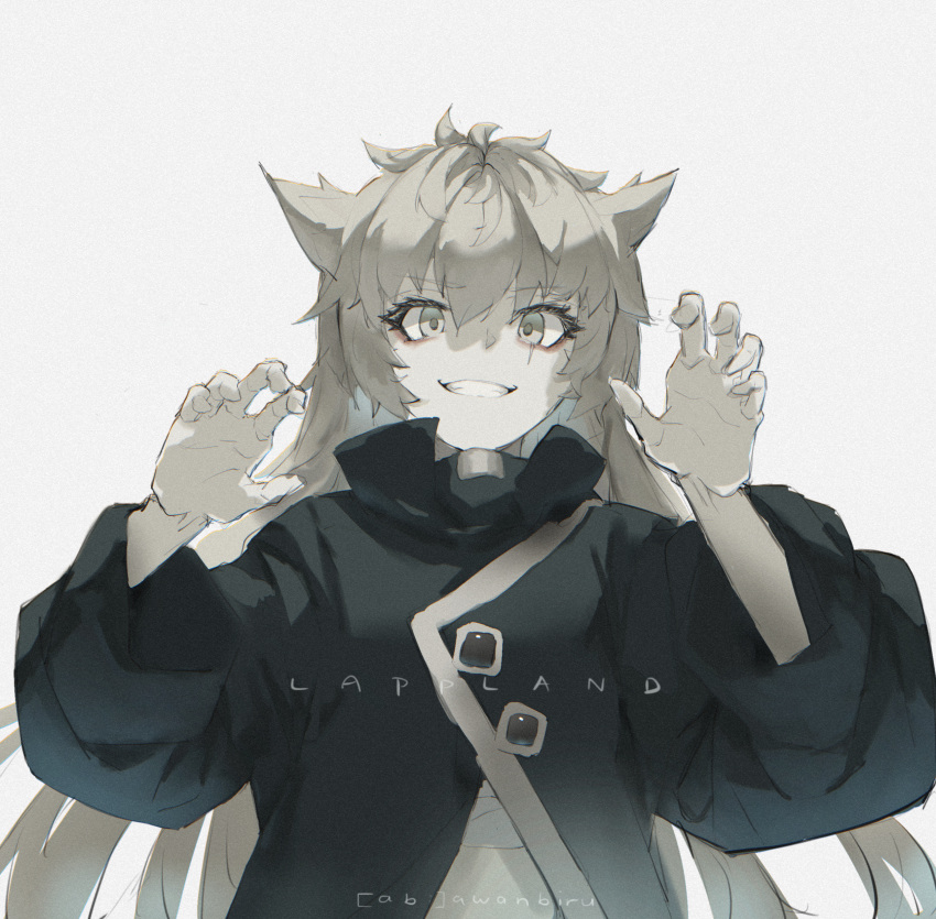 1girl :d absurdres animal_ears aoi_kumo_(diberzs) arknights bangs black_jacket character_name grey_background grey_eyes grey_hair grin highres jacket lappland_(arknights) long_hair long_sleeves looking_at_viewer scar scar_across_eye simple_background smile solo teeth wolf_ears wolf_girl