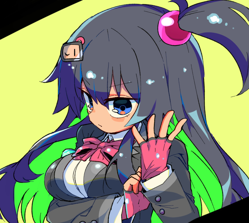 1girl adjusting_clothes adjusting_gloves armband bangs black_bomberman black_hair black_jacket bombergirl bomberman bow bowtie breasts character_hair_ornament closed_mouth collared_shirt colored_inner_hair eyes_visible_through_hair fingerless_gloves gloves hair_between_eyes hair_ornament hand_up highres jacket kuro_(bombergirl) large_breasts light_green_hair long_sleeves multicolored_hair one_side_up pink_bow pink_bowtie pink_gloves sasaki_rindou shirt solo two-tone_hair upper_body v-shaped_eyebrows white_shirt