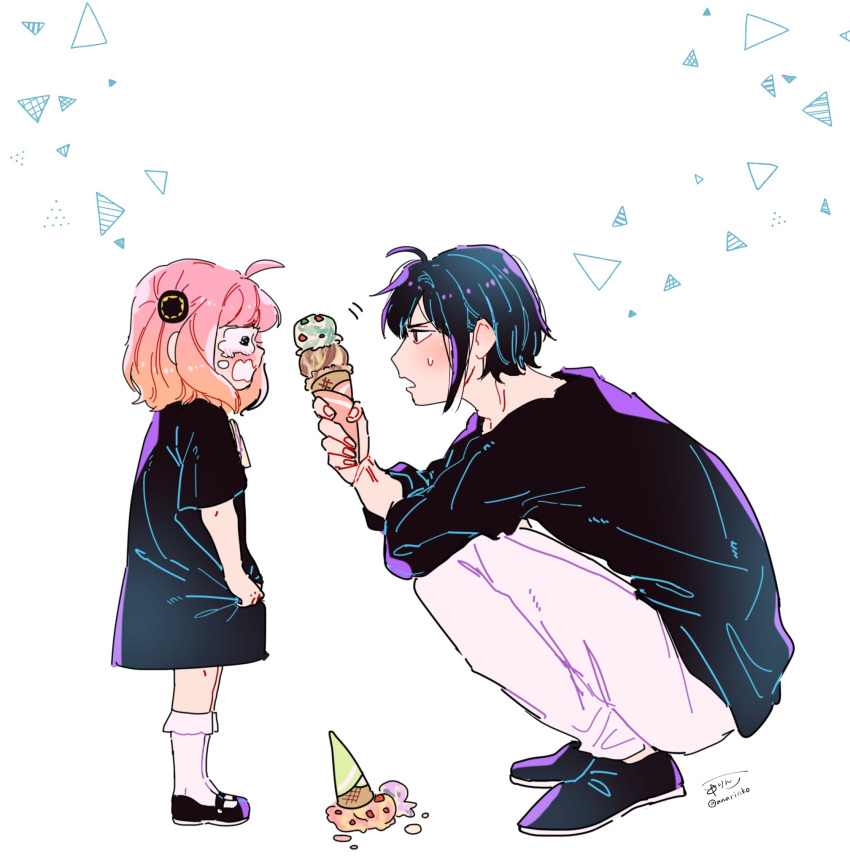 1boy 1girl ahoge anya_(spy_x_family) awarinko bangs black_dress black_footwear black_hair black_shirt blush collarbone commentary_request crying crying_with_eyes_open dress female_child food green_eyes hairpods highres holding holding_clothes holding_dress holding_ice_cream ice_cream ice_cream_cone ice_cream_cone_spill looking_at_another mary_janes pants pink_hair shirt shoes signature simple_background socks spy_x_family squatting star_(symbol) sweatdrop tears twitter_username uncle_and_niece wavy_eyes wavy_mouth white_background white_pants yuri_briar