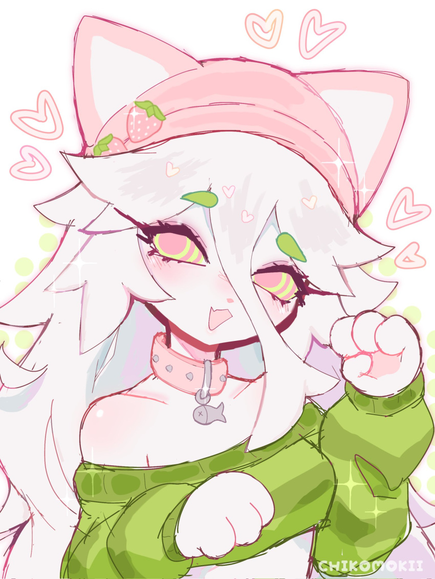 animal_ears cat cat_ears cat_tail cattail_(plants_vs_zombies) chikomokii collar furry furry_female green_shirt heart highres open_mouth pink_headwear pink_pupils plants_vs_zombies shirt tail white_fur white_hair yellow_eyes