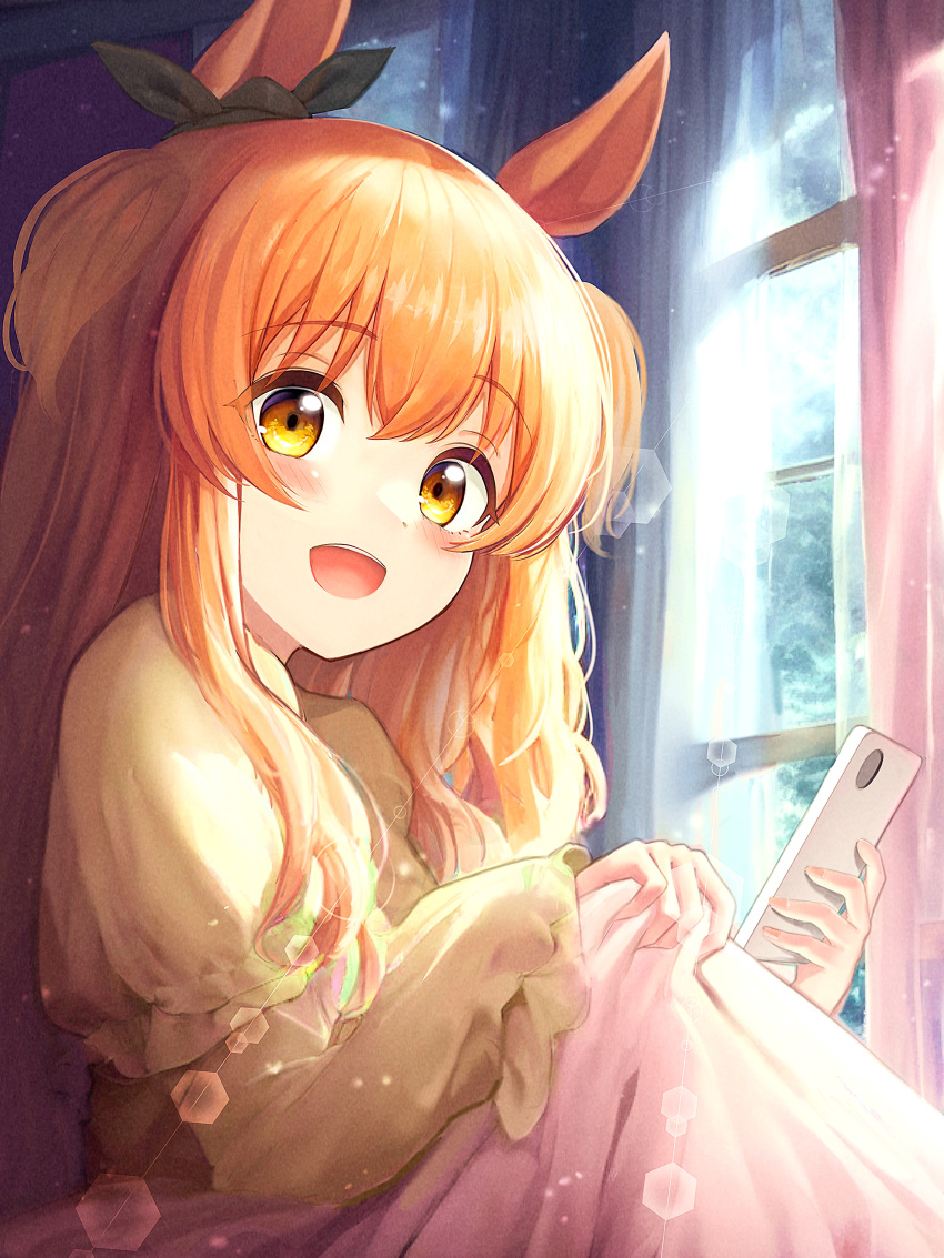 1girl :d absurdres animal_ears bangs black_ribbon blush cellphone commentary_request curtain_grab curtains dress ear_ribbon hair_between_eyes hands_up highres holding holding_phone horse_ears horse_girl indoors lens_flare long_hair long_sleeves looking_at_viewer mayano_top_gun_(umamusume) non-circular_lens_flare open_mouth orange_hair phone raised_eyebrows ribbon shirakawayuusan short_twintails sidelighting sleeves_past_wrists smartphone smile solo sunlight teeth twintails umamusume upper_body upper_teeth window yellow_dress yellow_eyes