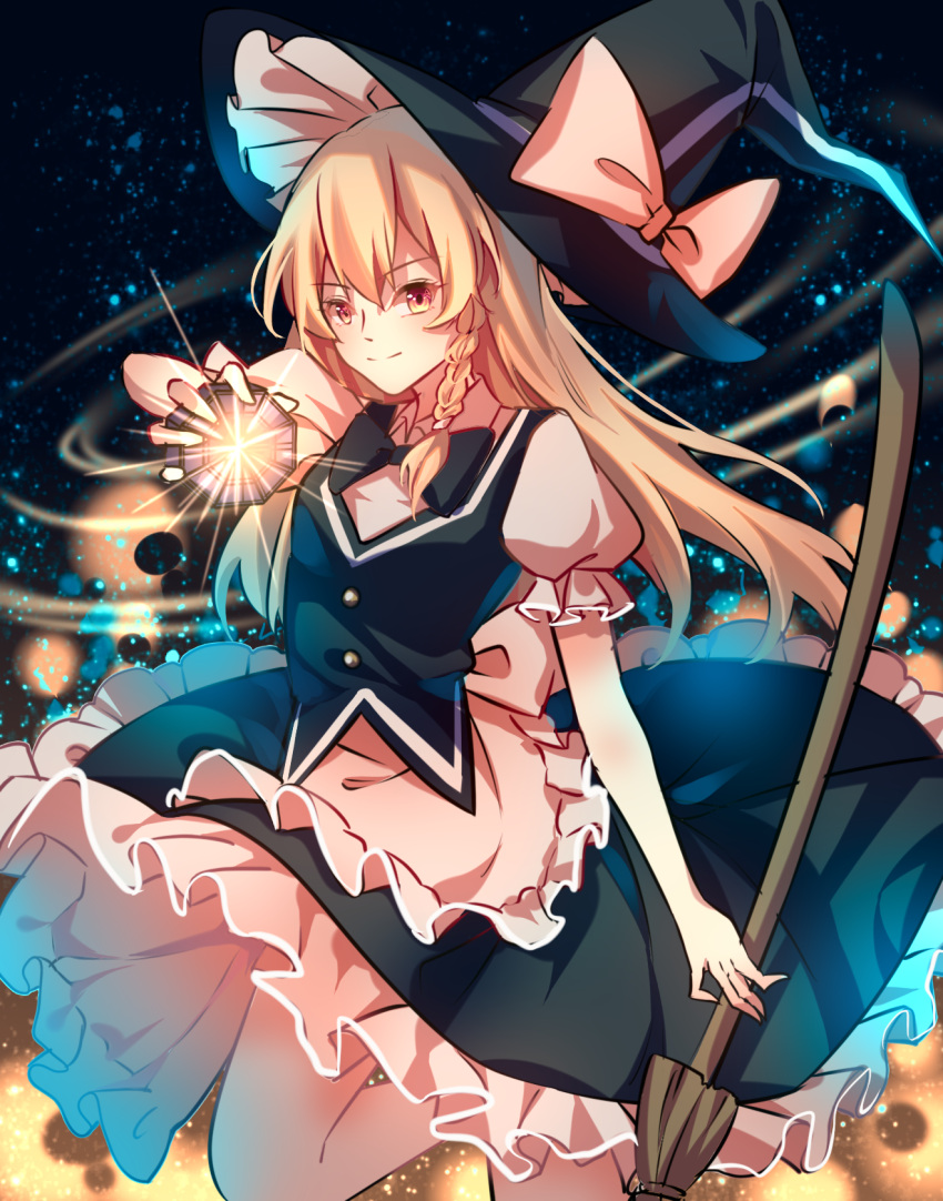 1girl apron bangs black_headwear black_skirt black_vest blonde_hair bow braid breasts broom buttons closed_mouth commentary_request foot_out_of_frame frilled_skirt frills hat hat_bow highres holding holding_broom kirisame_marisa long_hair looking_at_viewer mini-hakkero minuo puffy_short_sleeves puffy_sleeves shirt short_sleeves single_braid skirt skirt_set small_breasts smile solo touhou vest waist_apron white_apron white_bow white_shirt witch_hat yellow_eyes