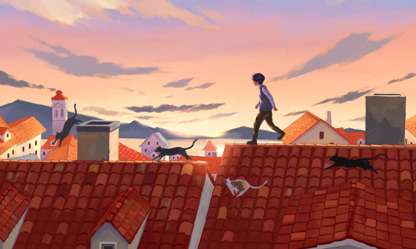 1boy black_cat calico cat child highres male_child male_focus mountainous_horizon original pink_sky rooftop scenery sky sunset taizo4282 too_many too_many_cats twilight water