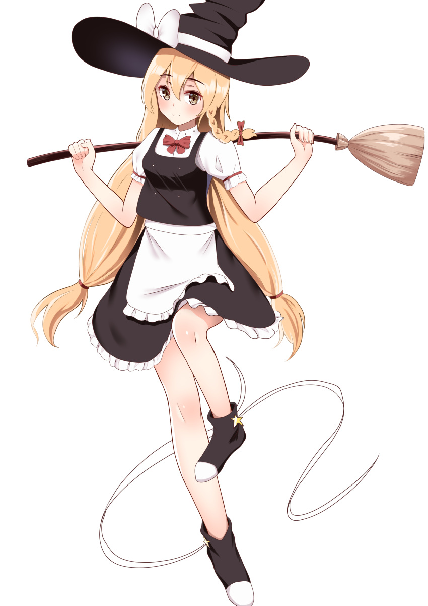 1girl absurdres apron black_footwear black_headwear blonde_hair bow bowtie braid broom closed_mouth full_body hat hat_bow highres holding holding_broom kirisame_marisa long_hair looking_at_viewer low-tied_long_hair mantou_xiang red_bow red_bowtie short_sleeves side_braid simple_background single_braid solo touhou waist_apron white_apron white_background white_bow witch_hat yellow_eyes